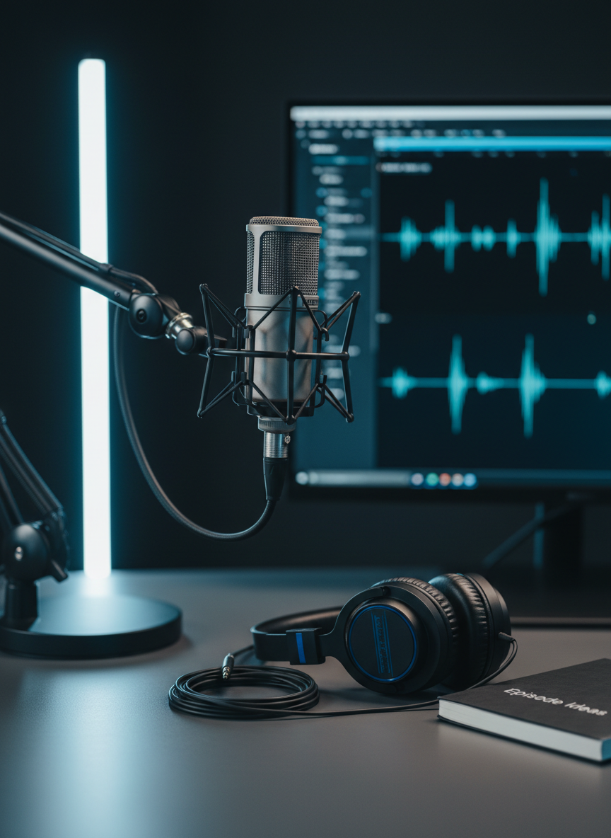 A sleek, studio-quality podcast microphone in brushed gunmetal, suspended in a shock mount on a minimalist boom arm, stands centered on a clean, charcoal-gray desk. Beside it, a pair of closed-back headphones with subtle blue accents rests on a coiled cable, and a notebook titled “Episode Ideas” lies closed nearby. A large monitor in the background displays a waveform on a dark interface, softly blurred. Cool, controlled LED lighting from the side creates precise highlights along the microphone grille and gentle gradients across the desk. Shot from a slightly low, cinematic angle with a shallow depth of field, the mood is focused, professional, and quietly intense. Photographic realism reinforces a polished, modern audio-creation environment.